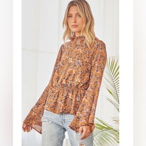 Andree Brown and Blue Blouse with Mandarin Collar and Ruffled Peplum